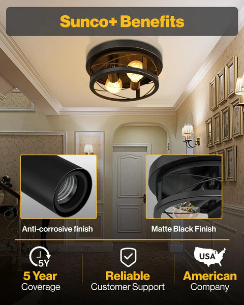 Dope Matte Black Industrial Flush Mount Ceiling Light Fixture With E26 Base in hallway, anti-corrosive matte black finish.