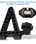 Heavy Duty T Slot Load Stops Lock Your Rig Down Tight On Truck Bed Bars No Sweat Tool Free Install Works Hella Well For Ladders Skis Kayaks Firewood Plus Durable Rust Proof Non Slip Grip, 5.5 inch black aluminum load stop with measurements.
