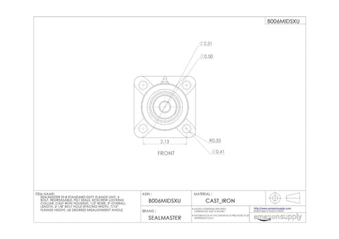 Tough As Nails 4 Bolt Cast Iron Flange Unit Half Inch Bore Ball Bearing Setscrew Locking Collar diagram with dimensions.