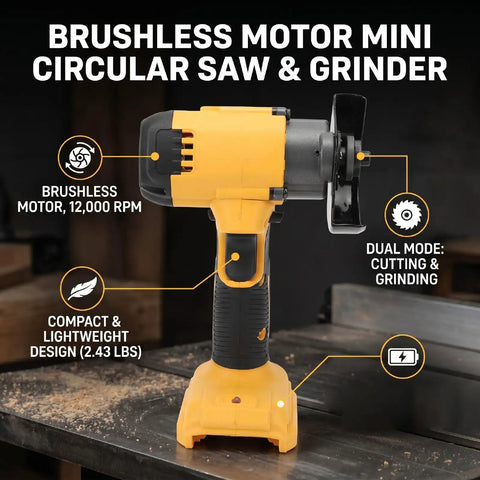 Badass 3 Inch Cordless Circular Saw And Versatile Mini Angle Grinder With Beefy Brushless Motor Cranks Out 12000 RPM shown on workbench.
