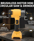 Heavy Duty Portable Three Inch Cordless Angle Grinder And Mini Circular Saw Featuring Badass Brushless Motor Dual Mode Setup For No Sweat Wood Metal Tile Cutting Jobs, showcasing a compact design with 12,000 RPM brushless motor.