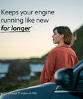 Top Shelf High Mileage Full Synthetic Motor Oil In 0W-20 Viscosity With 5 Quart Container shown with a woman by a car.