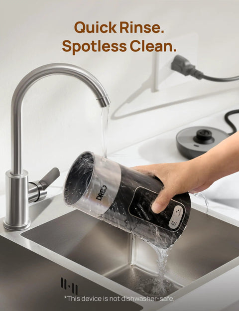 Person rinsing Milk Frother With 8 In 1 Functionality For Latte Art, Microfoam And Coffee, Stainless Electric Frother, 9oz 270ml