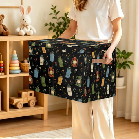 Top Shelf Storage Chest With Lid Holds Massive 85 Liter Load sturdy toy box, fabric storage cube carried by a woman.