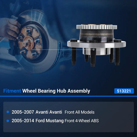 Heavy Duty Wheel Hub and Bearing Assembly Swap Kit Replacement for 2005 To 2014 Ford Mustang and 05 Avanti close-up view, ABS fit.