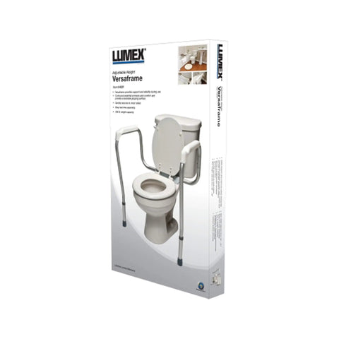 Adjustable Bathroom Safety Rail Grab Bar With Contoured Handgrips For Steady Rising Support Built Tough Frame Holds Two Hundred Fifty LBS No Sweat Tool Free Mount For Reliable Daily Accessibility in packaging.