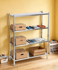 Knockout Four Tier Stainless Steel Shelving Rack With Adjustable Heights And Rock Solid 330 Pounds Heavy Duty Frame Built Tough For Garage Basement Or Kitchen Space Saving Storage Silver displaying boxes and tools in a bright room.