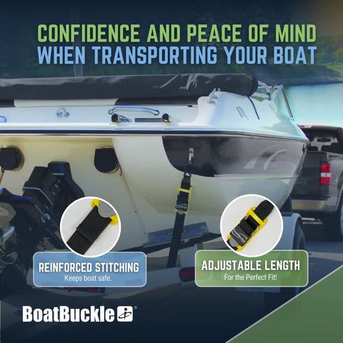 Pro Series Kwik Lok Transom Boat Tie Down Straps 2 Pack 2 Inch By 4 Foot Adjustable With Boat Pads securing boat on trailer