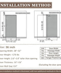 Installation method diagram for 36 inch concealed barn door hardware kit showing sizes and openings, without floor track needed.
