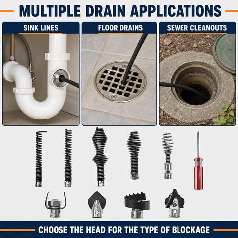 Multiple drain applications showing Heavy Duty 16mm Drain Auger Cutter Head Hella Tough Metal Snake Replacement for various blockages.