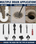 16MM Drain Cleaner Cutter Head Set Heavy Duty Metal Snake Auger Tip For Sewer Line Blockage showcasing various drain applications.