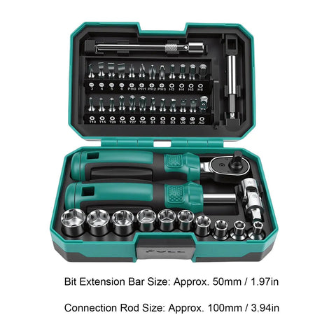 Knockout Metric Ratchet Wrench Set Featuring 10 Sockets Spanning 4 To 13 Millimeters in a case with extensions and driver bits.