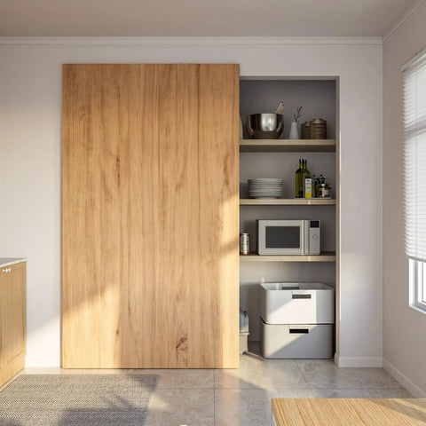 Solid As A Rock Concealed Sliding Barn Door Hardware Kit With Smooth Soft Close Action Heavy Duty Aluminum wall mount track on wooden door.