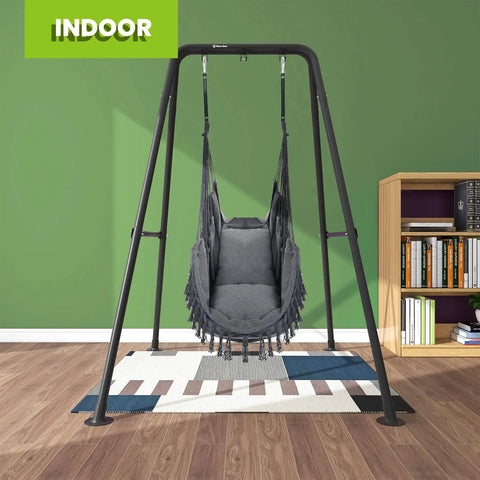 Built To Last Heavy Duty Hammock Chair Stand With A Type Frame For Maximum Stability And A 300 Lbs Load, Perfect For Balcony Porch Or Patio, Powder Coated Steel Tubes For Outdoor Chill And Easy Setup indoors on a wooden floor