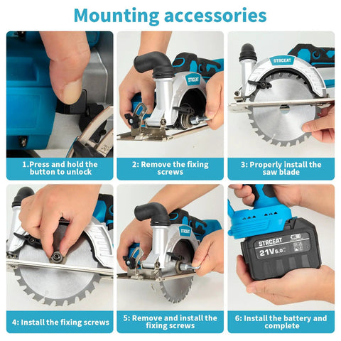 Heavy Duty 6 Inch Cordless Circular Saw With 21V Brushless Motor Dual 6Ah Battery Packs Three Pro Grade Blades Fast Charger And Full Throttle 7000 Rpm Power For Clean No Sweat Wood Cutting showing mounting accessories installation steps.