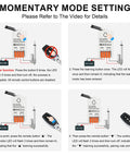 Slick Forward And Reverse Remote Switch With Dual Wireless Controllers For Heavy Duty Linear Actuators, Garage Doors, Curtains, And Bed Lifting Systems Operating On DC 5V To 30V With A Punchy 30A Load Rating setup instructions in four steps for momentary mode.