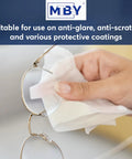 Front view of hand wiping round metal eyeglasses with MTBHY pre-moistened lens cleaning wipes