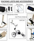 Accessories for No Sweat Foldable Remote Control Golf Trolley Including battery, rain cover, remote, holders, and scorecard features.