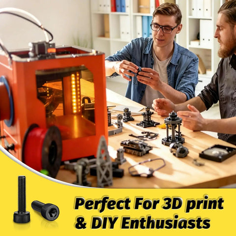 M3 Hex Socket Cap Screw Assortment Kit Black Nuts Flat Lock Washers And Hex Key Spanner For 3D Printing DIY builds on workbench.