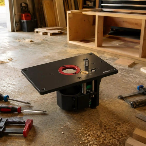 Rock Solid Aluminum Router Lift Table Insert Plate Heavy Duty Mounting Base For Exact Trimming And Slotting Built To Bring Game Changer Precision To Your Woodworking Bench, viewed in a workshop setting with tools.