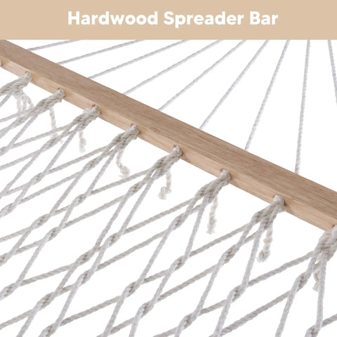 Close-up of Two Person Outdoor Hammock Replacement Pad For Stand showing hardwood spreader bar with durable rope ties.