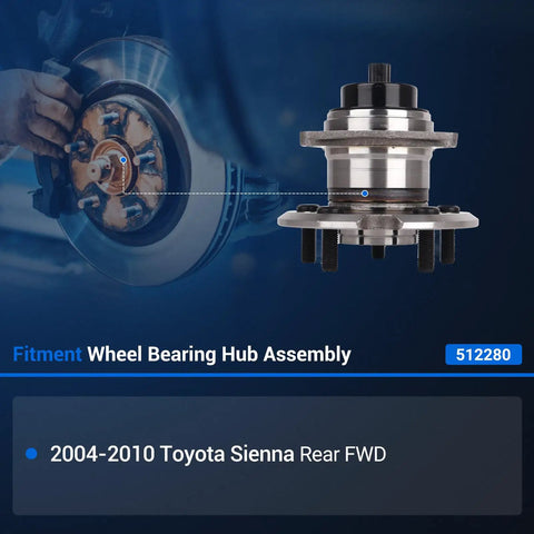 Rear Wheel Hub Assembly For Toyota Sienna 2004 To 2010 Fwd Model With Integrated Abs Sensor displaying mount and fitment.