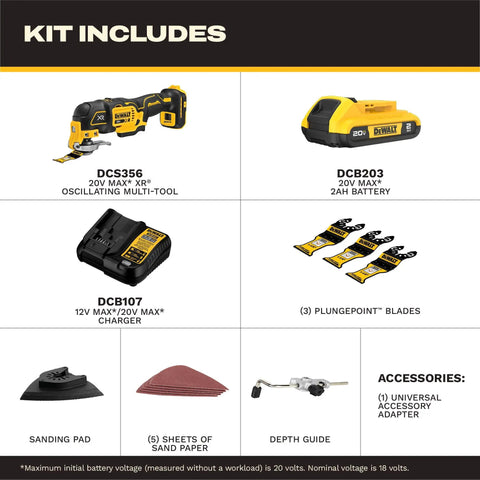 Rock Solid Brushless Oscillating Multi Tool Including Battery And Charger With All Day Run Time Pro Workhorse Combo Pack showing included tools and accessories.