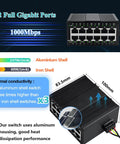 Rugged Industrial Unmanaged 12-Port Gigabit Ethernet Switch With DIN Rail Or Wall Mount, 12 RJ45 10/100/1000 Mbps, IP40 Aluminum Shell