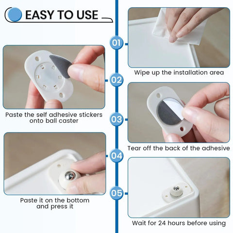 Heavy Duty Self Adhesive Caster Wheels And Appliance Slider Rollers Make Furniture Shifting A Breeze With Smooth 360 Swivel Action and strong adhesive application steps.
