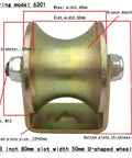 Beefy U-Shaped Steel Track Wheel With 3-Inch Wide Groove And 80-Millimeter Arc Guide Roller Bearing For Heavy Duty Sliding Gate Door Fence Rail Repair In Garage Or Industrial Settings Rock Solid Performance, showing dimensions and features.
