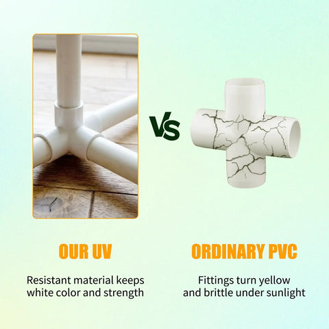Comparison of UV resistant 1 Inch PVC Fittings 4 Way 12 Pack Heavy Duty Elbow with ordinary PVC showing durability differences
