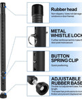 Rock Solid Adjustable Sliding Door Security Bar For Home And Apartment Bully Proof Steel Lock features rubber head, metal whistle lock, button spring clip, rubber base.
