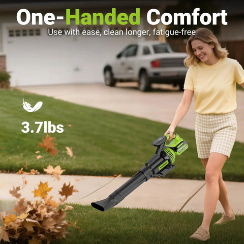 Person using Cordless Leaf Blower With 715 CFM Airflow And 200 MPH Wind, 35,000 RPM Brushless Motor, lightweight design, in yard