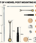 Heavy Duty Hidden Newel Post Mounting Kit For Wood Stair Railing Hardware Includes Four Inch Lag Bolts Nuts And Red Oak Plugs, showing tools and components