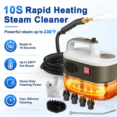Quick Heat 10S Handheld Steam Cleaner, Chemical-Free Portable Steamer For Car, Grout, Tile, And Kitchen with hose and accessories.