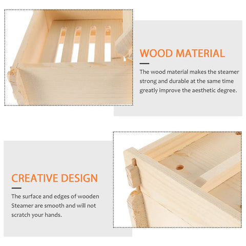 Close-up of Premium Square Wood Steamer Basket With Tight Fitting Lid, showing smooth edges and sturdy wood material.
