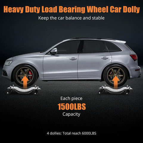 Heavy Duty Car Dolly Set Featuring 360 Degree Swivel Tire Wheel Carts To Smoothly Haul Out Cars Trucks And Trailers Smooth Sailing 6000 Lb Nylon Casters Garage Ready with a silver SUV on two dollies.