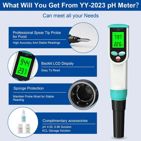Digital Waterproof pH Meter With High Accuracy pH And Temperature Probe for Sourdough, Cheese, Solid And Liquid Foods, display
