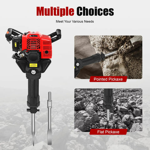 52Cc Gas Jack Hammer With 2.4Hp Two Stroke Engine Plus Two Steel Picks, showcased with pointed and flat pickaxes for diverse demolition tasks.
