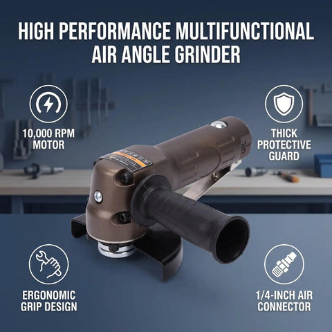 Pro Level Pneumatic Air Angle Grinder Boasts A Lightning Fast 10000 RPM Motor with ergonomic grip and protective guard.