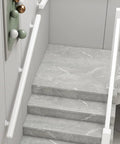 Rugged White Solid Wood Guardrail Loaded With Beefy Steel Brackets For Indoor Attic Or Stairway Safety Barrier Built Like A Tank Non Slip Grip Kid Approved Home Defense Six Point Six Feet Long on stairway.