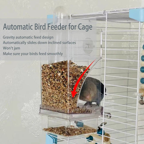 Two Pack Automatic No Mess Bird Cage Feeder Set With Clear Acrylic Food Tray And Blue Water Dispenser For Parrots shows food dispensing.