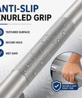 Rock Solid Floor Mounted Toilet Knurled Grab Bar With Leg Heavy Duty Brushed Nickel Stainless Steel Support Handle Bathroom Stand Assist Safety Rail 31 Inch close-up of anti-slip knurled grip with textured surface and water droplets.