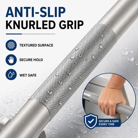 Rock Solid Floor Mounted Toilet Knurled Grab Bar With Leg Heavy Duty Brushed Nickel Stainless Steel Support Handle Bathroom Stand Assist Safety Rail 31 Inch close-up of anti-slip knurled grip with textured surface and water droplets.