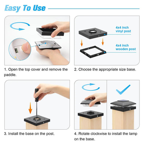 Step-by-step guide for installing black solar post cap lights on 4x4 fence boards, showing components and assembly.