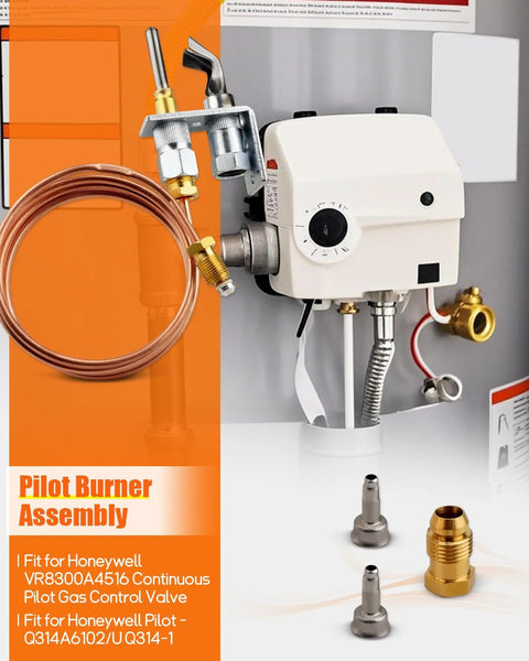 Pilot burner assembly kit with thermocouple for Honeywell gas control valve; copper tubing and brass fittings.