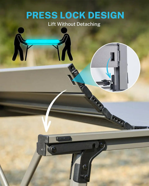 Close-up of press lock design on 50 Inch Camping Table With Adjustable Height Legs For Uneven Ground, easy portability feature shown.