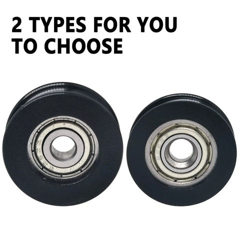 4-Pack Black PU U-Groove Roller Bearings 24mm OD Pulley Wheels 5mm Bore with two size options displayed