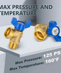 Two Pack Brass Boiler Drain Valve Three Quarter Inch MIP to Three Quarter Inch MHT Plumbing Fitting Blue, shown with max pressure and temperature