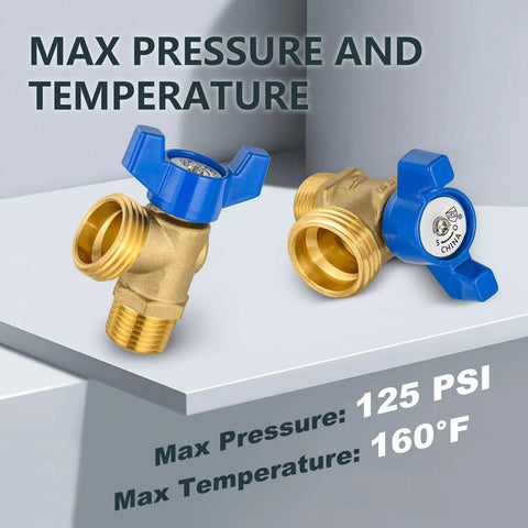 Two Pack Brass Boiler Drain Valve Three Quarter Inch MIP to Three Quarter Inch MHT Plumbing Fitting Blue, shown with max pressure and temperature